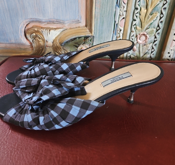Prada Black and Blue Mules with Gingham Bow - Picture 4 of 7